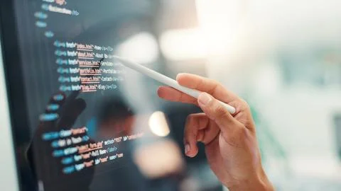 Programmer, hands or person with screen for code, app development and debugging Stock Photos