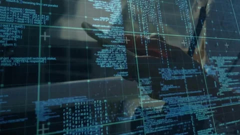Programmer hands reaching keyboard after code layer floating, typing software Stock-Footage 326104123