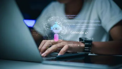 Programmer hands typing on laptop with AI chatbot and coding data. Concept .. 스톡 사진