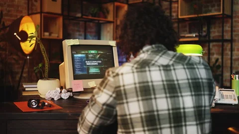 Programmer happy after successful software creation, gesturing thumbs up, retro Stock Footage 315456858