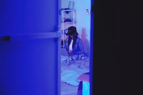 Programmer, hide or neon in night coding, web 3.0 programming or phishing Stock-Fotos