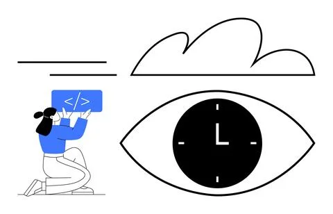 Programmer holding a code panel, an eye with a clock as the pupil, and a clou Illustrazione stock