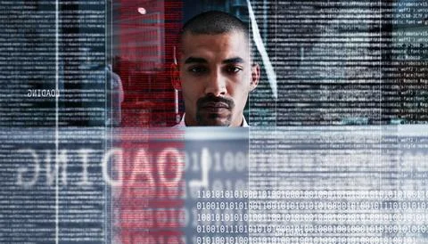 Programmer, hologram and man on computer in office with loading code, syste.. 스톡 사진