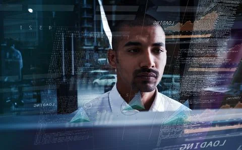Programmer, hologram and man with internet, info and connection for web dev.. 스톡 사진