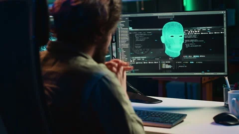 Programmer at home creating conscious AI superintelligence Stock Footage 266952707
