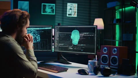 Programmer at home creating conscious AI superintelligence Stock Footage 267046690