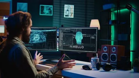 Programmer at home creating conscious AI superintelligence Stock-Fotos