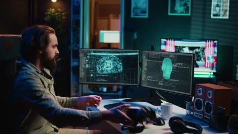Programmer at home talking with conscious AI superintelligence using VR tech Stock Footage 266953027