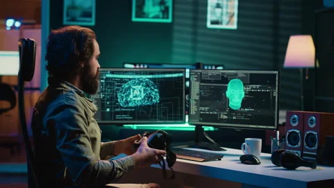 Programmer at home talking with conscious AI superintelligence using VR tech Stock Footage 267046571