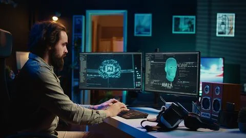 Programmer at home talking with conscious AI superintelligence using VR tech Foto stock