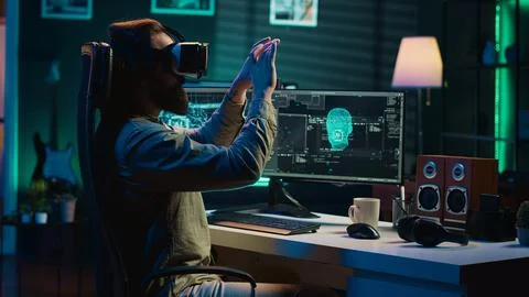 Programmer at home talking with conscious AI superintelligence using VR tech 스톡 사진