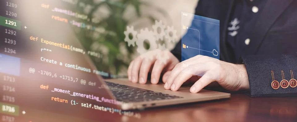 Programmer at home writes programming code script on virtual screen 스톡 사진