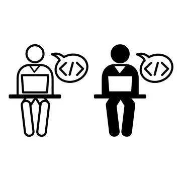 Programmer icons. Black and White Vector Icons of a Man Working on a Laptop.. Stock Illustration
