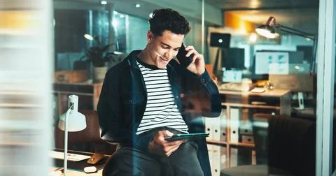 Programmer, idea and tablet with phone call, research and overtime work for Stock Photos