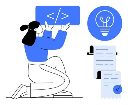 Programmer Kneeling with Code Symbol and Creativity Symbol Illustrazione stock