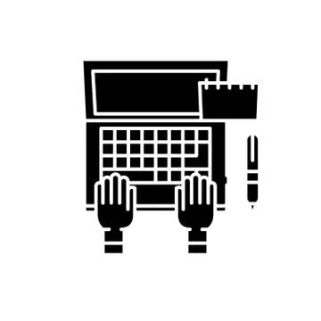 Programmer on laptop black icon, vector sign on isolated background. Programmer 스톡 일러스트