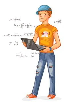 Programmer with a laptop. Funny cartoon character. Vector illustration. Isola Stock Illustration