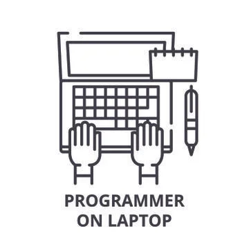 Programmer on laptop line icon concept. Programmer on laptop vector linear Stock-Illustration