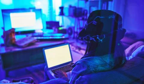 Programmer, laptop screen or neon mockup for coding ransomware, SEO night Stock Photos