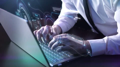 The programmer on a laptop sets up artificial intelligence. Stock-Footage 244726624