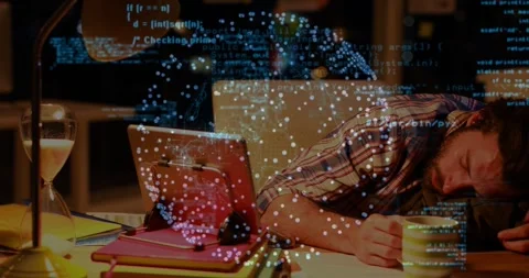 Programmer leaning at desk, working late on code, overlay globe rotating while Video stock 331063104