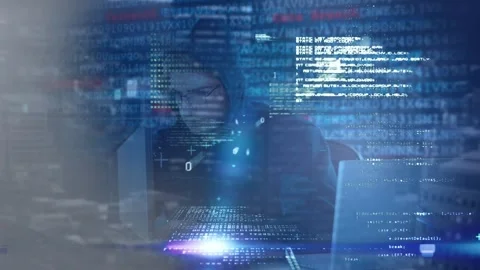 Programmer leaning forward at laptop while HUD code intensifying and driving Video stock 326974279