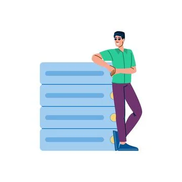 Programmer leaning on server rack and smiling, big data management concept Stock Illustration