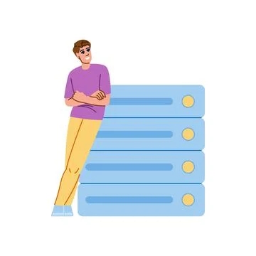 Programmer leaning on server rack, efficient data management and it solutions Stock-Illustration