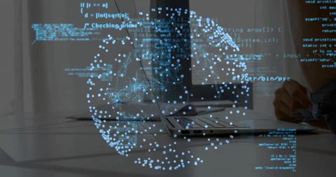 Programmer leaning toward laptop as streaming code appears, rotating 3D globe Stock Footage 312482950