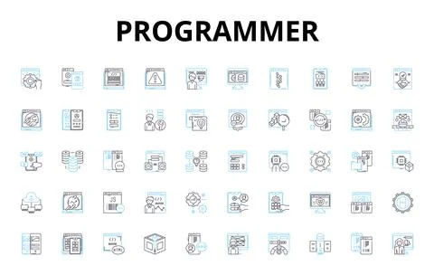 Programmer linear icons set. Coding, Debugging, Algorithms, Syntax, Variables 스톡 일러스트