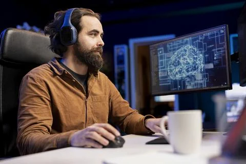Programmer listening music while working with AI deep neural networks Stock Photos
