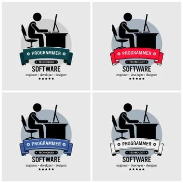 Programmer logo design. Vector artwork of an IT specialist coding and program Stock Illustration