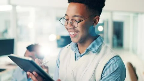 Programmer, man and happy with tablet in office for writing code, software 写真素材