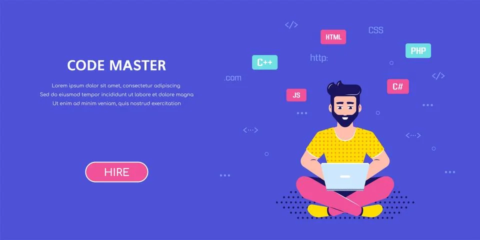 Programmer man character design, flat style illustration 库存插图