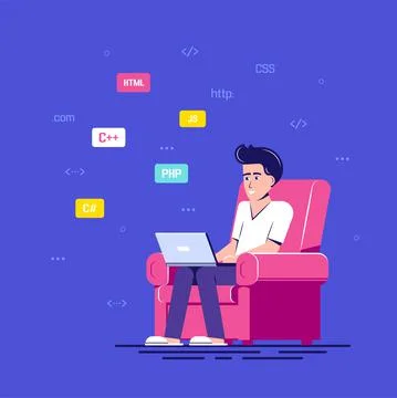 Programmer man character design, flat style illustration 库存插图