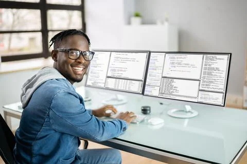Programmer Man Coding On Computer 스톡 사진