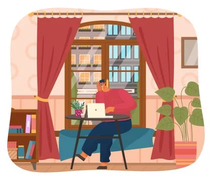 Programmer man in eyeglasses with laptop on table sitting and working at home Stock Illustration