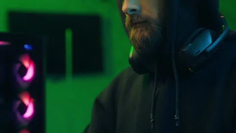 Programmer man keyboard computer typing hacker internet networking online Stock Footage 281374669