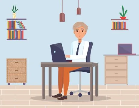 Programmer man sitting at and using laptop, freelance work at home or in office Ilustración de archivo