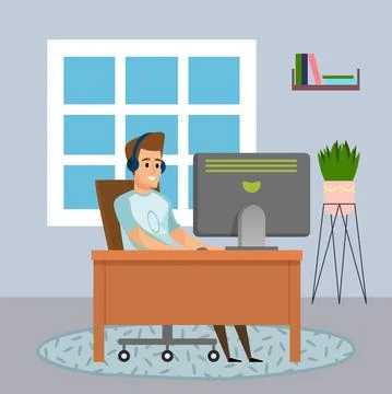 Programmer man sitting at table and using computer, quarantine distance work Stock-Illustration