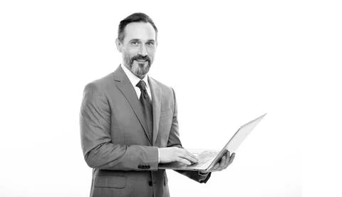 Programmer man use pc. cheerful manager. agile business. professional network Stock Photos