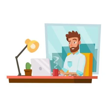 Programmer Man Vector. Development Working. Man Freelance Job Concept. Isolated 스톡 일러스트