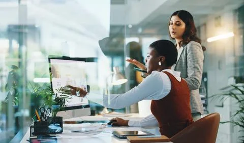 Programmer, meeting and computer with manager, discussion or work review for 스톡 사진