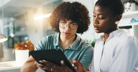 Programmer, meeting and tablet with manager, feedback and work review for data Stock Photos