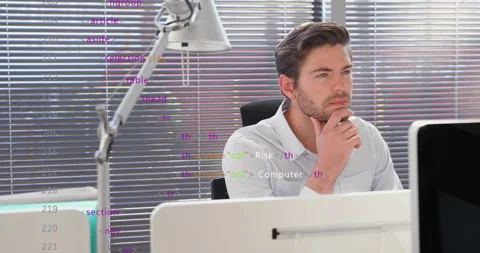 Programmer narrowing eyes as HTML code overlay appears, scanning security syntax Stock Footage 315588655