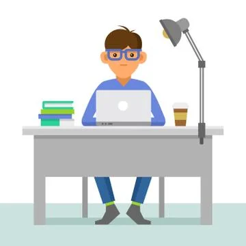 Programmer with Notebook on his Workplace. Vector 스톡 일러스트