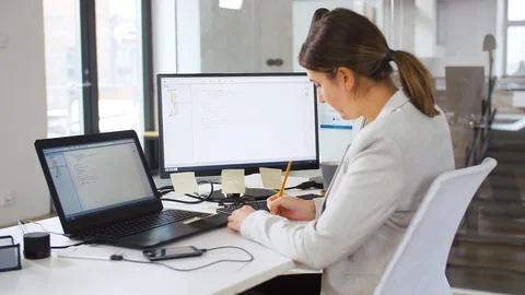 Programmer with notes and computer works at office Stock Footage 106132405