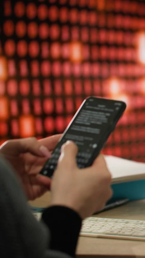 A programmer at office desk holding mobile phone and typing on it. Close-up shot Stock-Footage 312821868