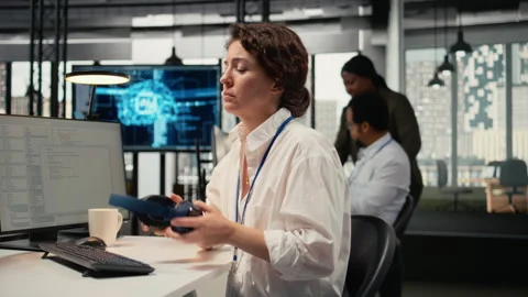 Programmer in office listening music, automating workflows using AI Stock Footage 323032760