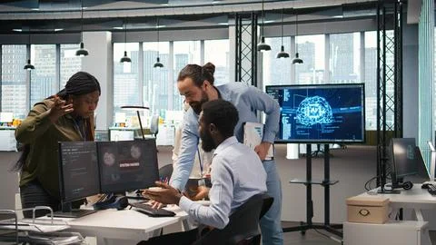 Programmer in office requesting help from coworkers to fix critical error 库存照片